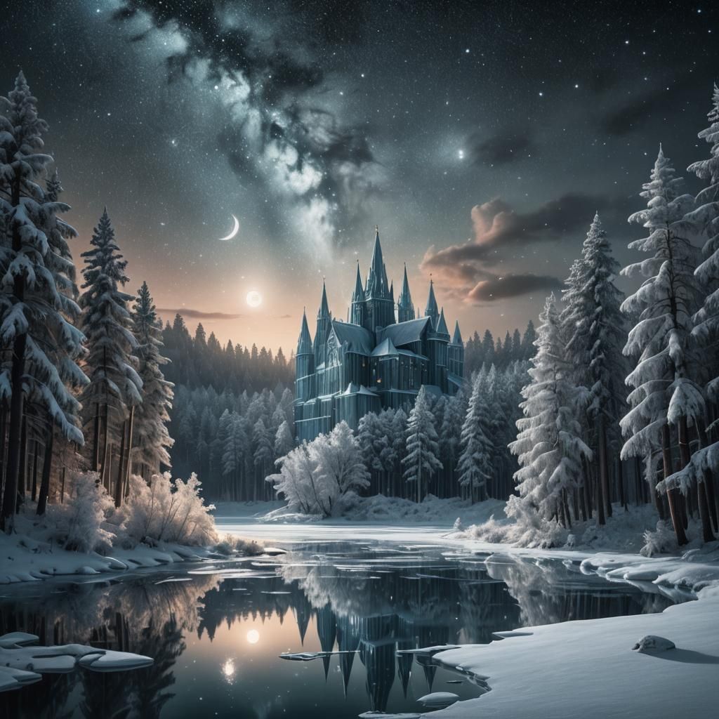 Ice Cathedral Reflecting Stars Over Calm Lake