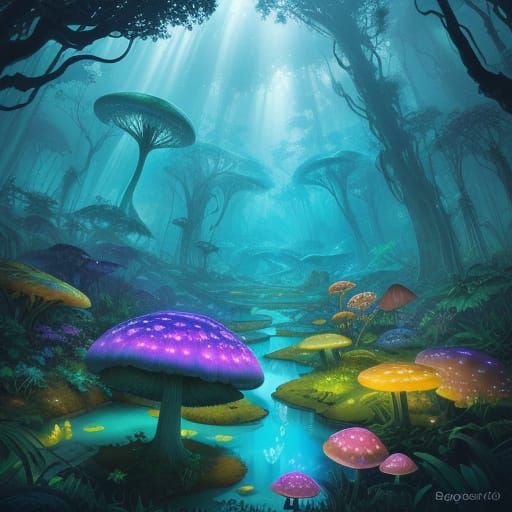 Whimsical Bioluminescent Jungle in Vibrant Colors