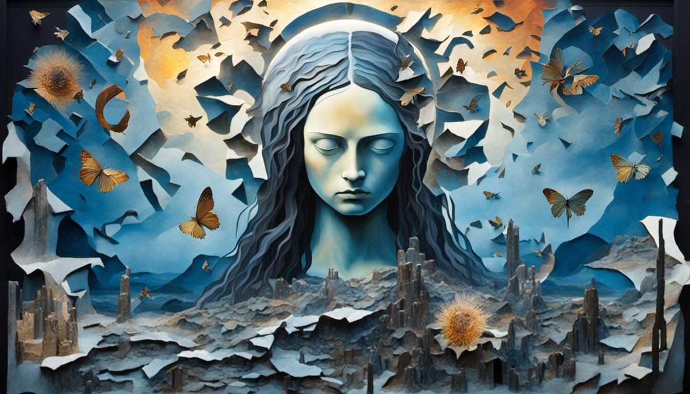 Surreal Fragmented Sculpture of Woman by Sunset