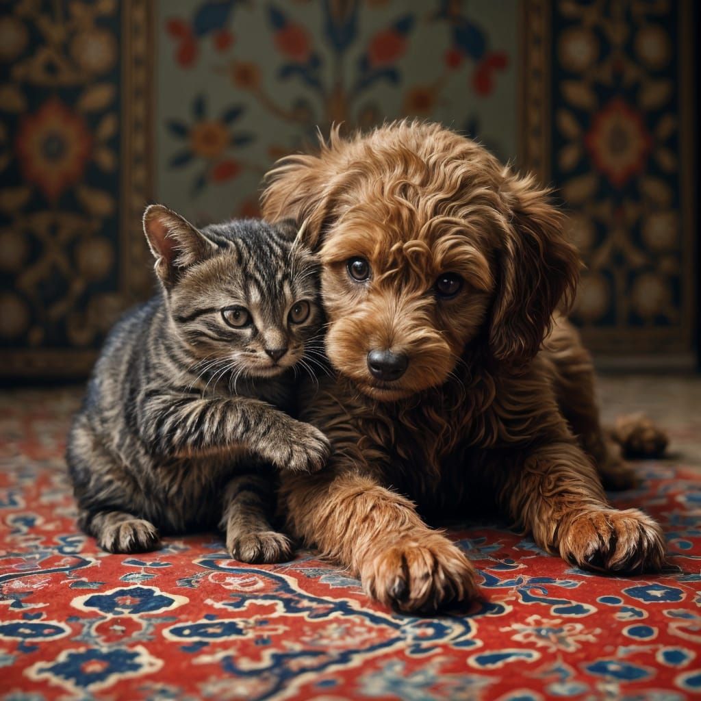 Poodle and Tabby Play Fighting: Hyperrealistic Splash Art