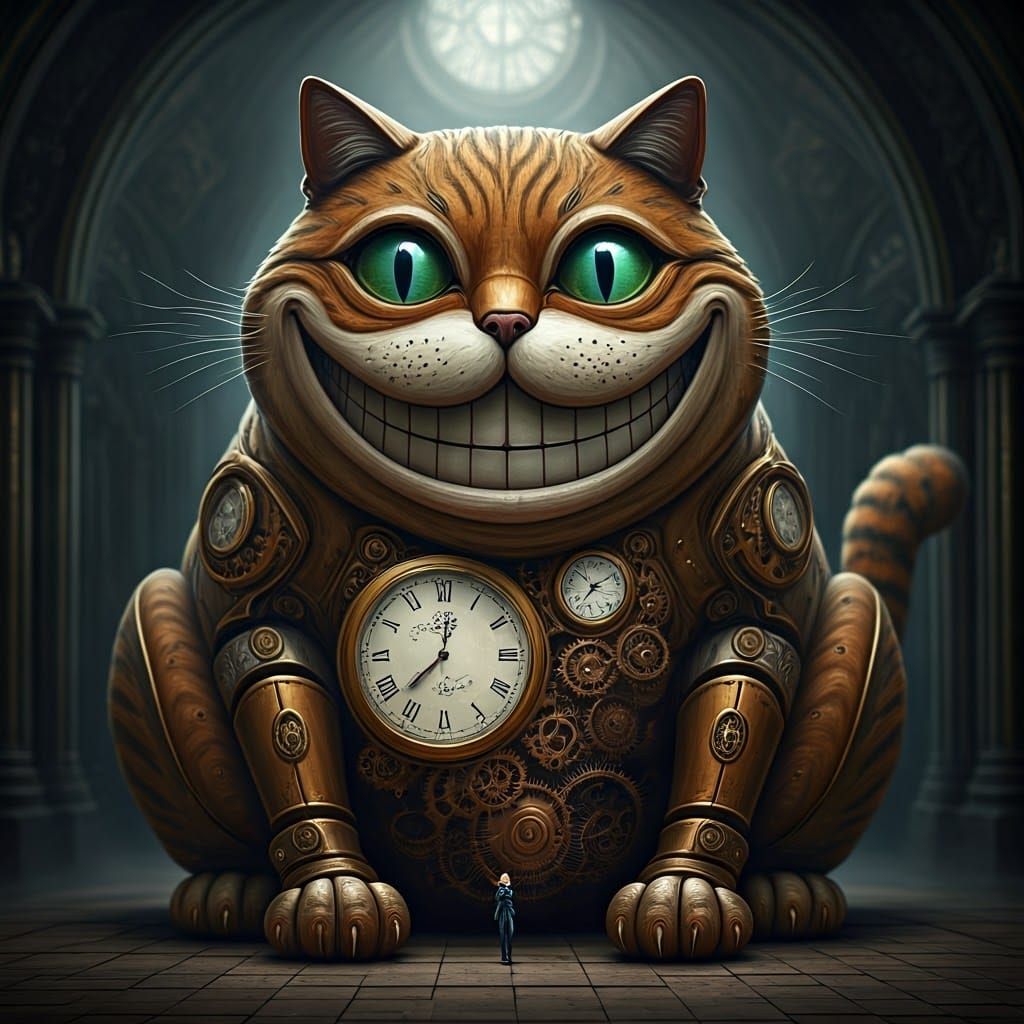 Steampunk Mechanical Cheshire Cat with Integrated Clock