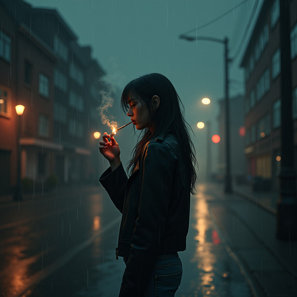 Rainy Night Portrait in Hyperrealistic Style