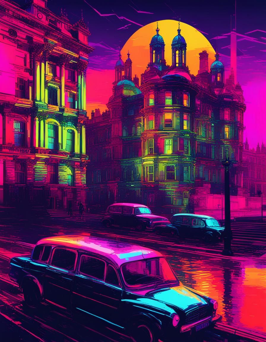 Glitch Art: Victorian London in Synthwave Neon
