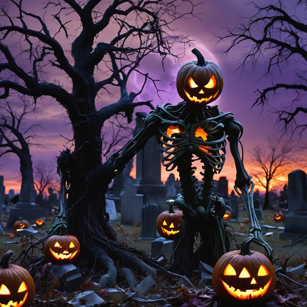 Haunted Humanoid Pumpkin in Cemetery at Dusk