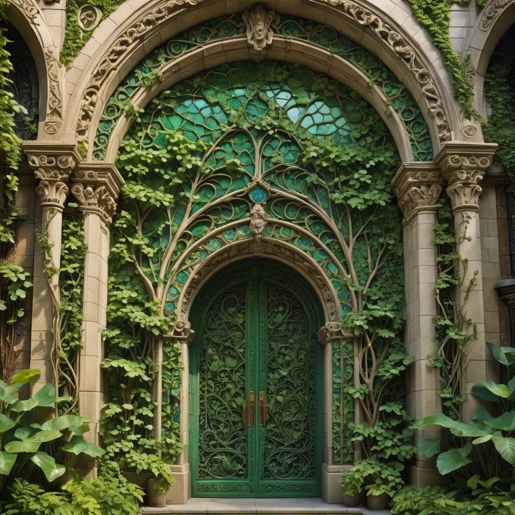 Art Nouveau Temple Entrance Amidst Lush Greenery