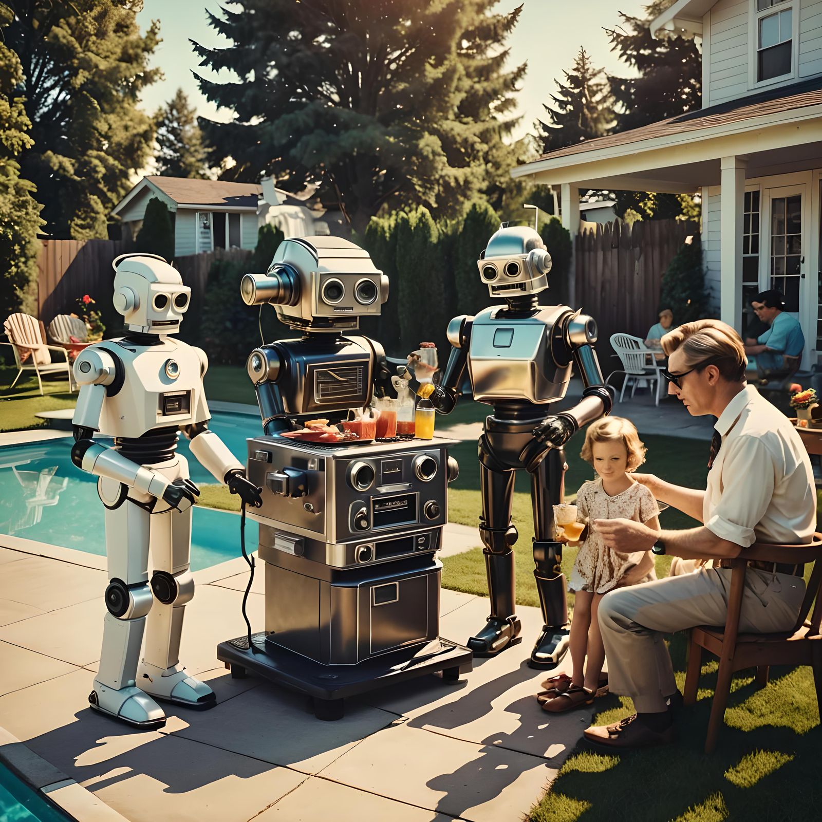 Steampunk Robot Family BBQ in Pop Art Style