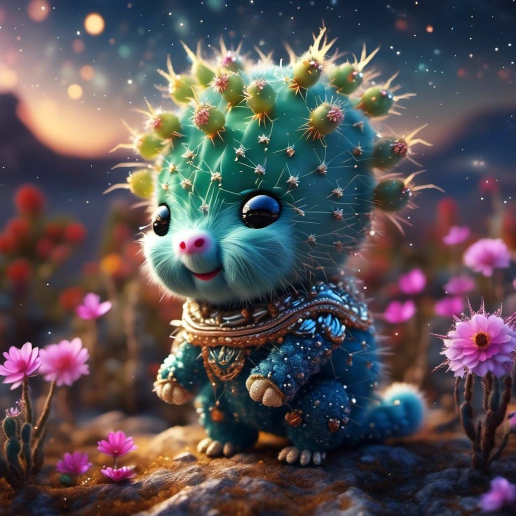 Flying Cactus Creature in a Starry Sky