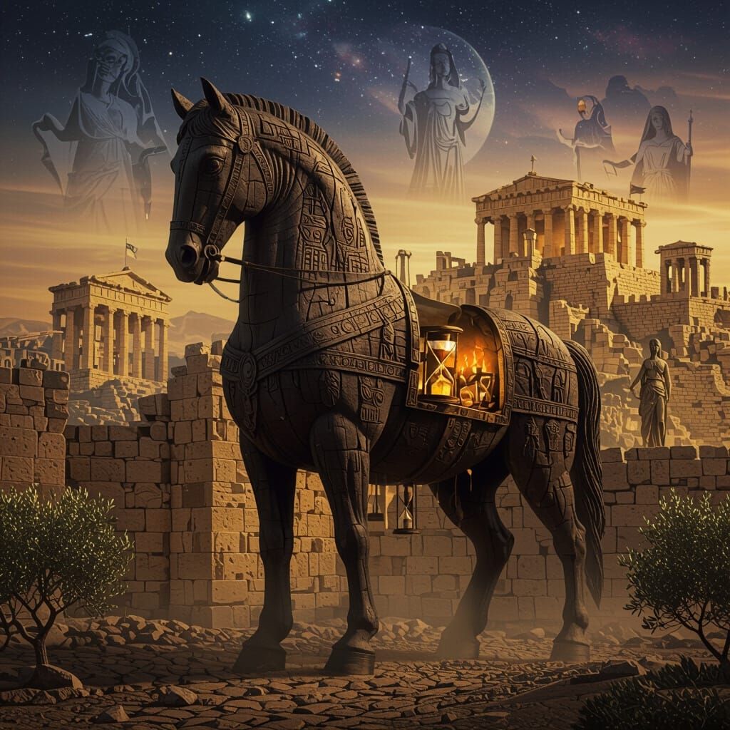 Surreal Trojan Horse at the Gates of Troy