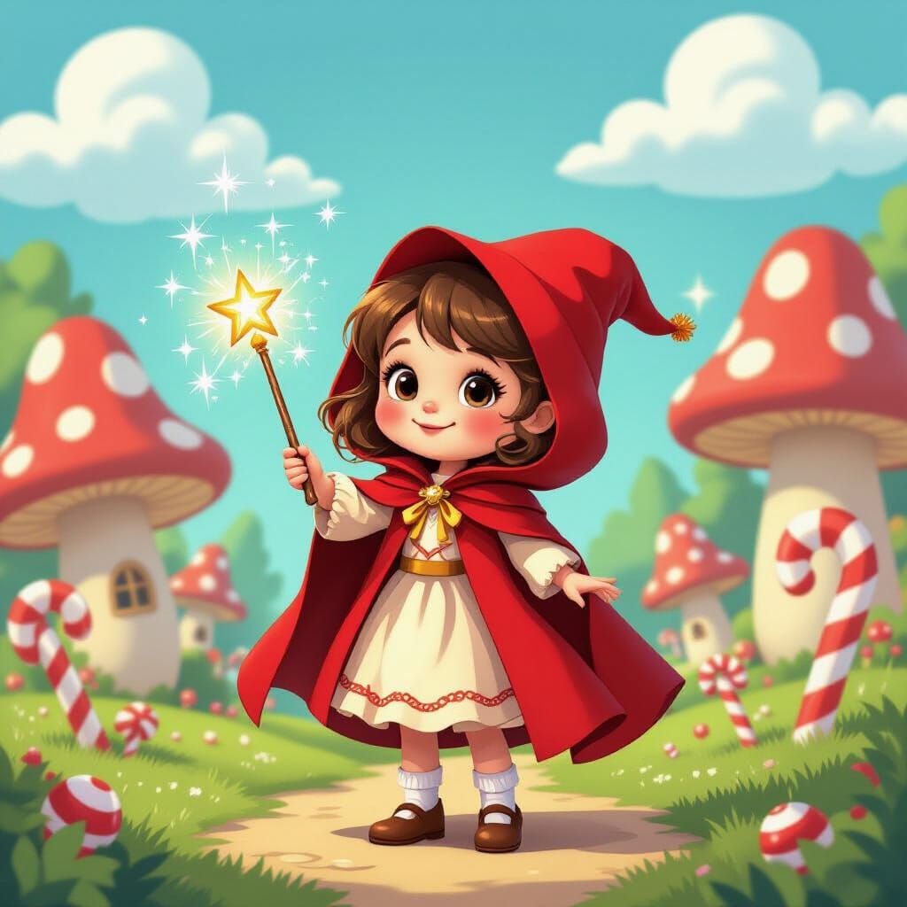 Magical Girl with Red Cloak in Whimsical Fairytale World