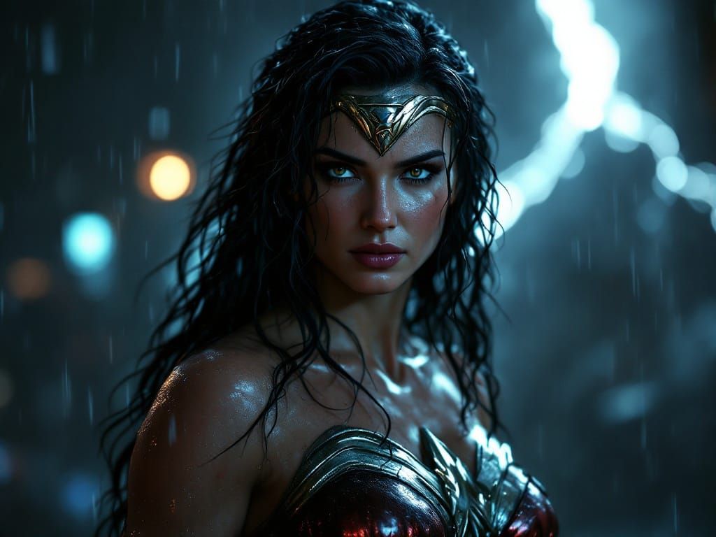 Wonder Woman in a Weathered Stealth Suit in Lowlit Rainy Nig...