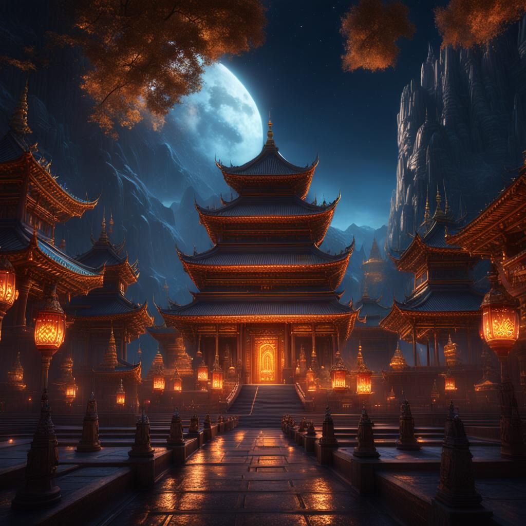 Grand Temple at Night with Monks: Fantasy Concept Art