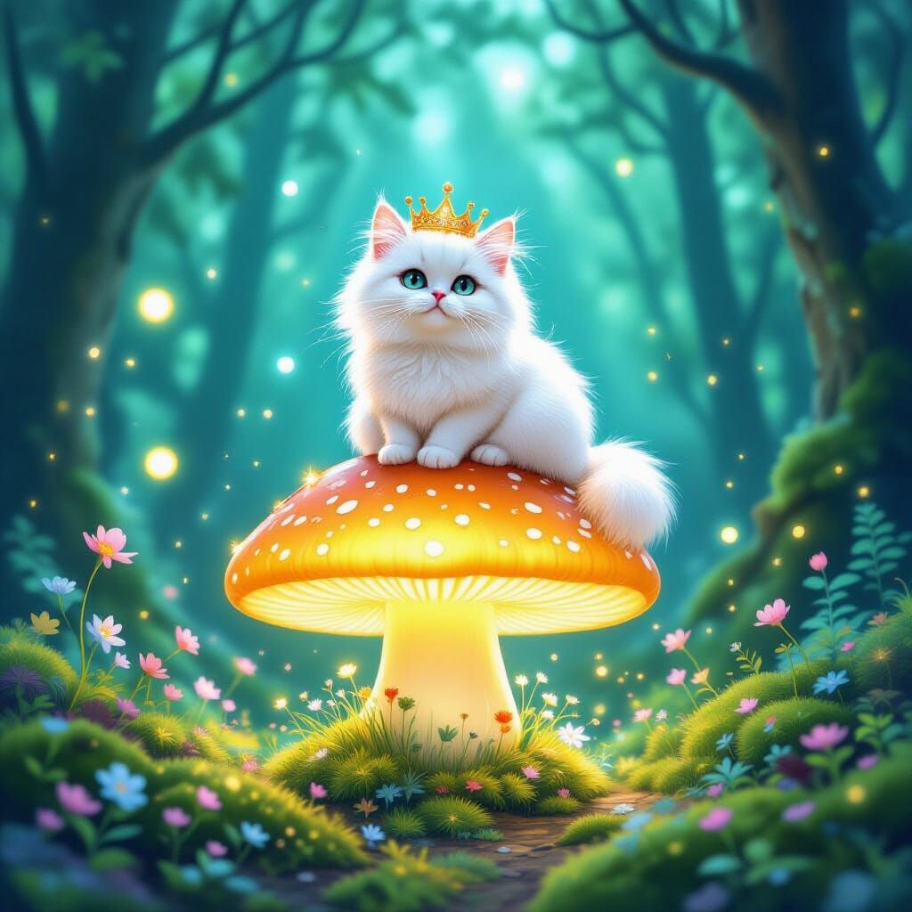 Crowned Cat on Bioluminescent Mushroom, Fairytale Scene
