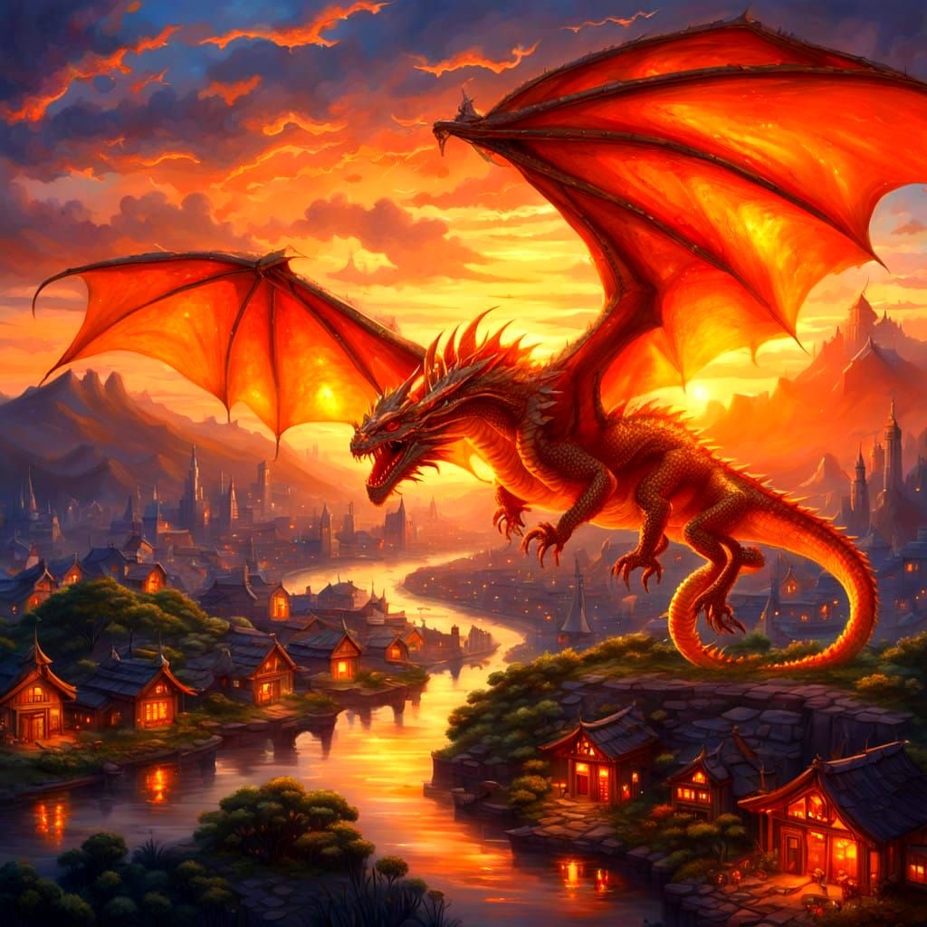 Realistic Dragon in Vibrant Sunset Cityscape