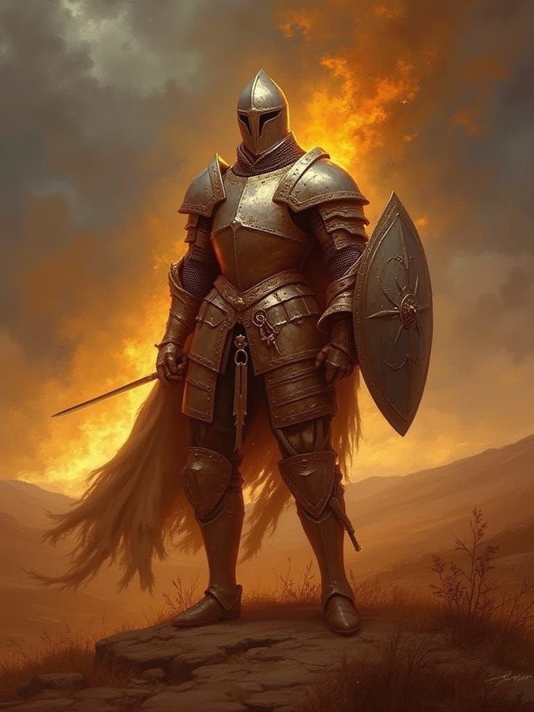 Valiant Knight on Windswept Moor Under Stormy Skies