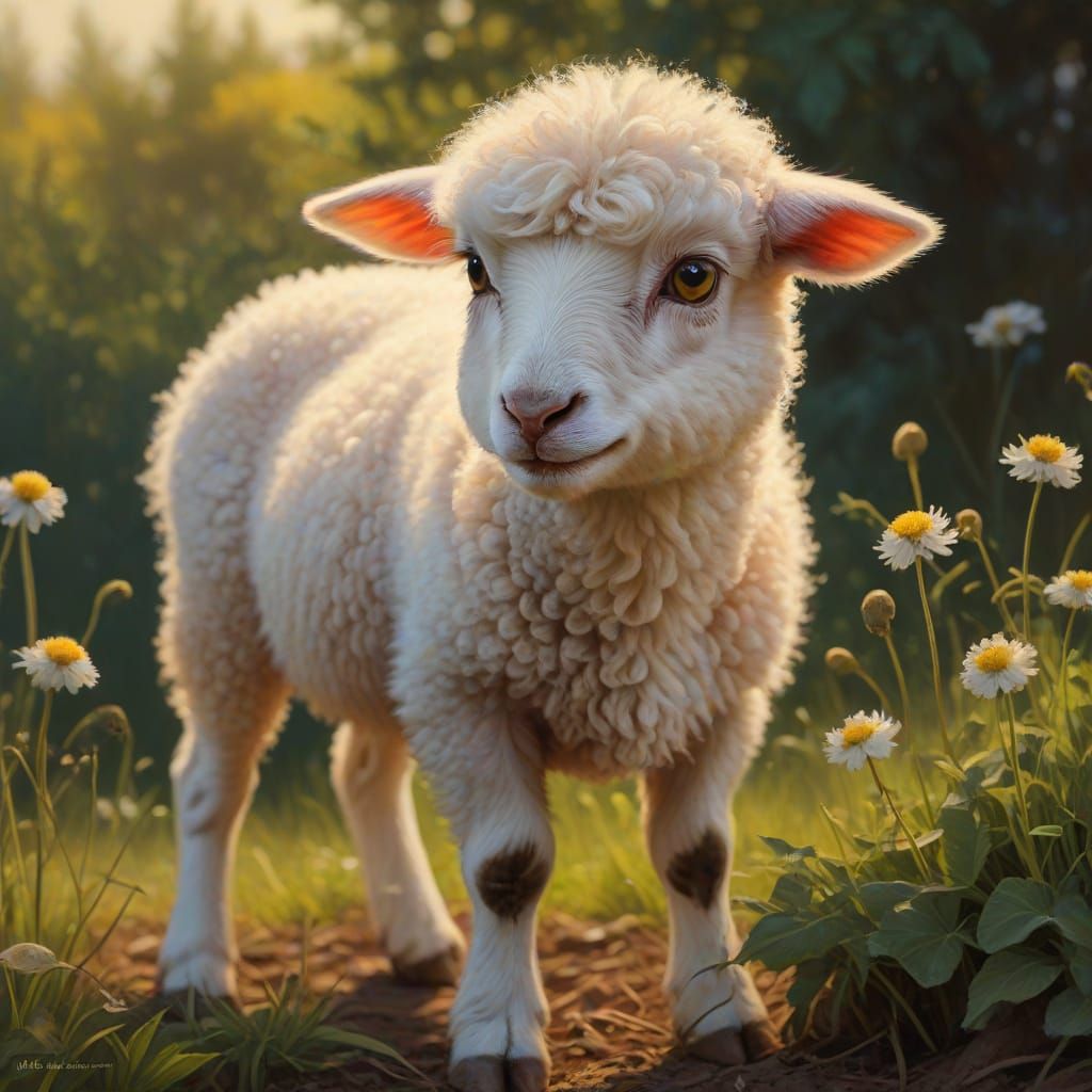 Anthropomorphic Lamb with Dandelions: Oil Painting