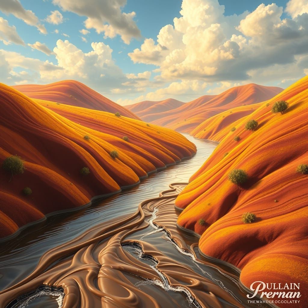 Chocolate River Through Gumdrop Hills in Whimsical Realism S...