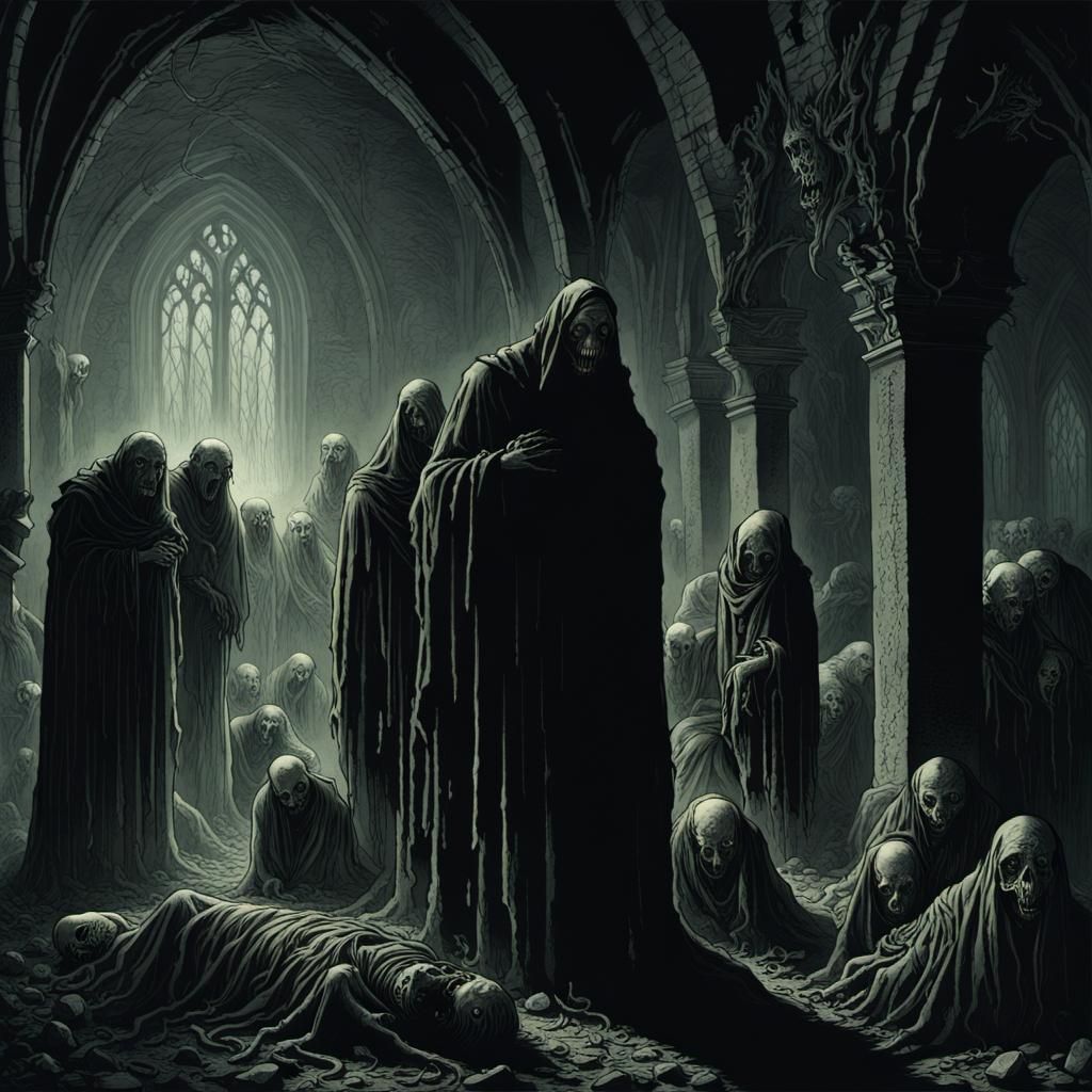 Ghouls in Ruined Church: Dramatic Engraving in Doré Style