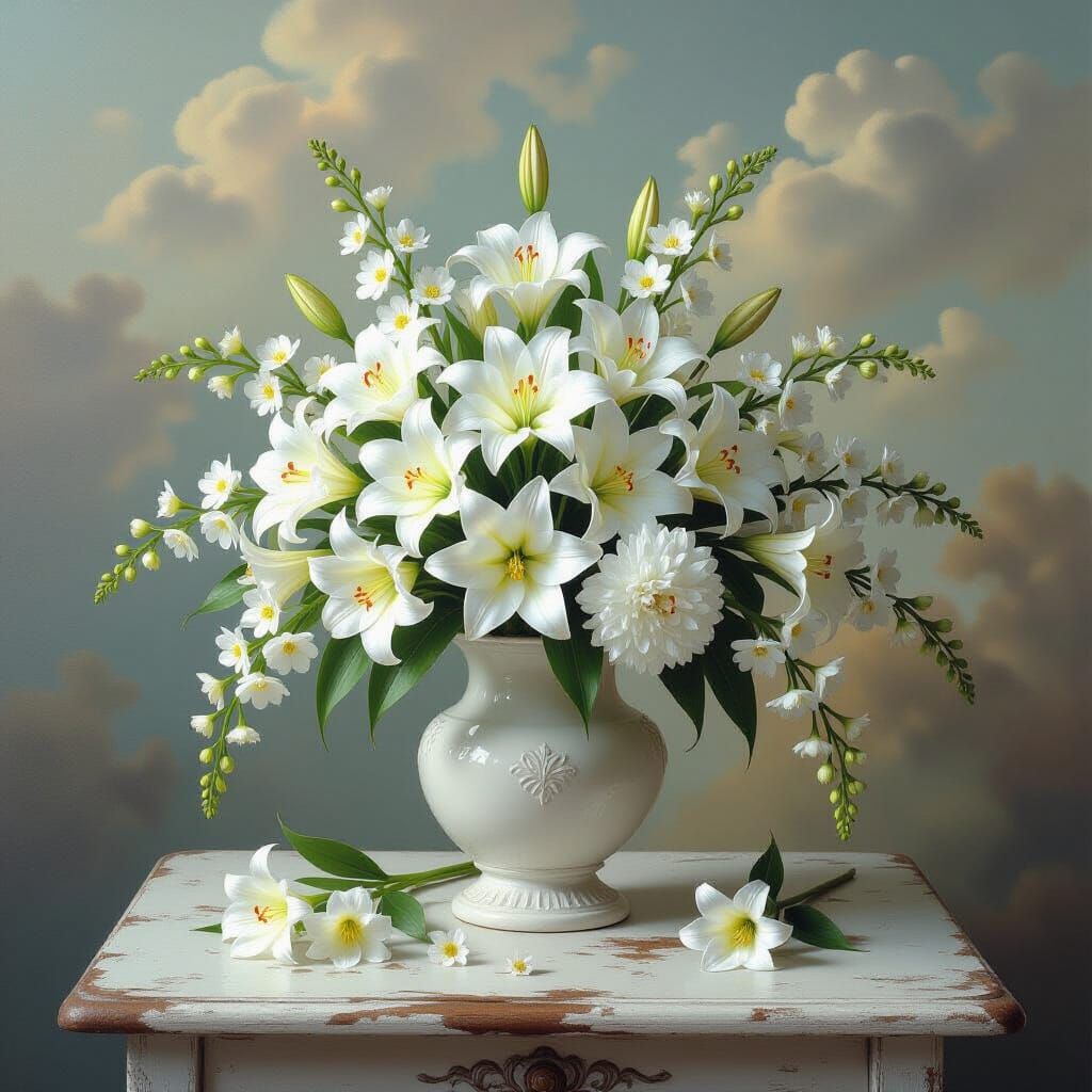 White Flowers Overflowing Marble Vase on Rustic Table