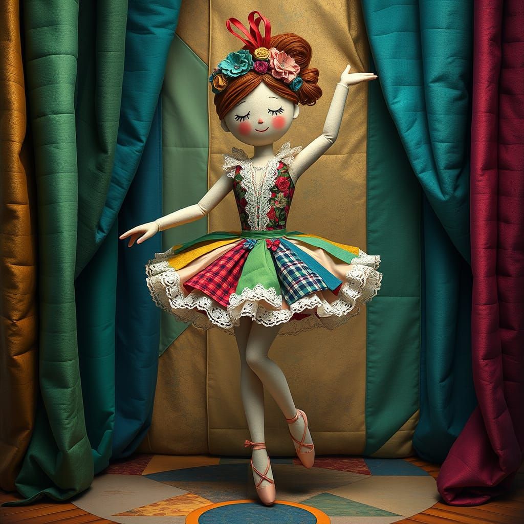 Surreal Rag Doll Ballerina in Vibrant Art Deco Setting
