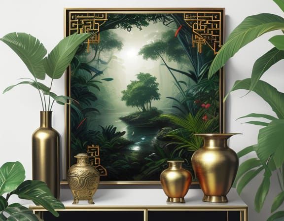 Chinese Vase with Jungle and Ships, Golden Accents