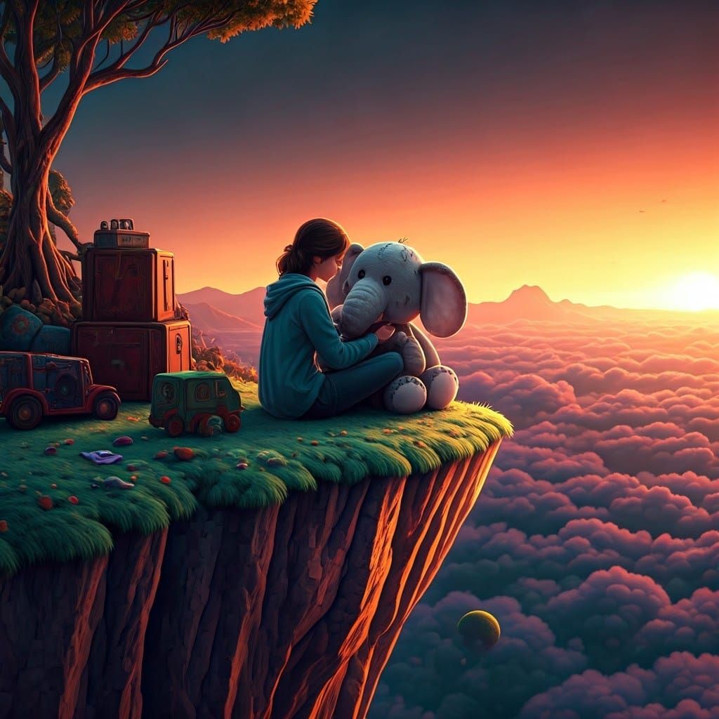 Woman with Elephant Toy in Dreamlike Landscape