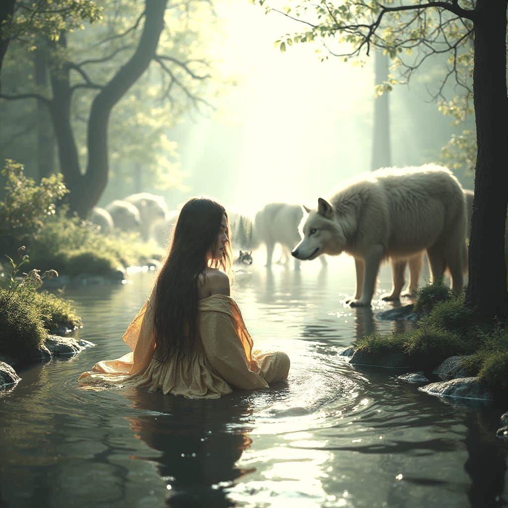 Woman Soaks in Serene Forest Hot Springs Amidst Majestic Wol...