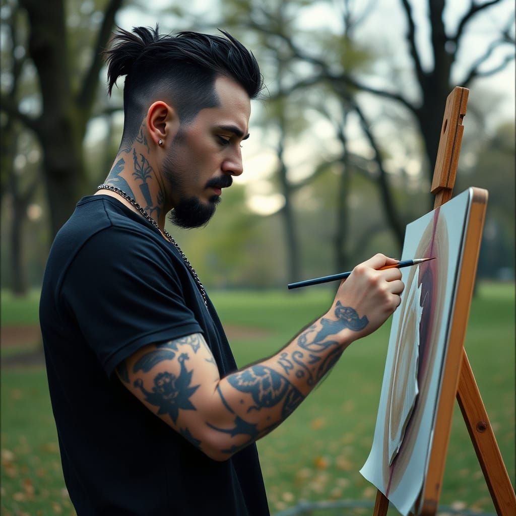 Man Painting in Park: Cinematic Film Still