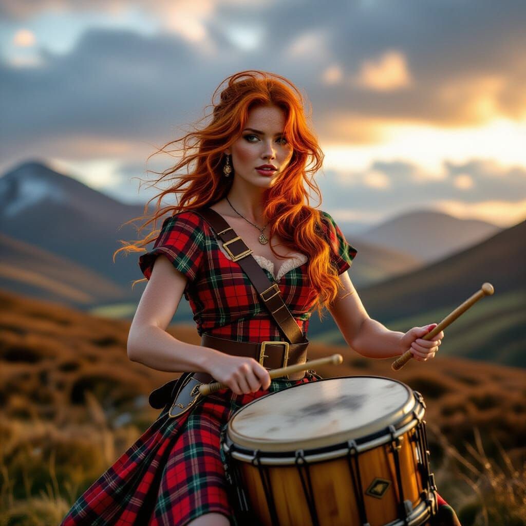 Scottish Woman Drumming in Highlands at Golden Hour