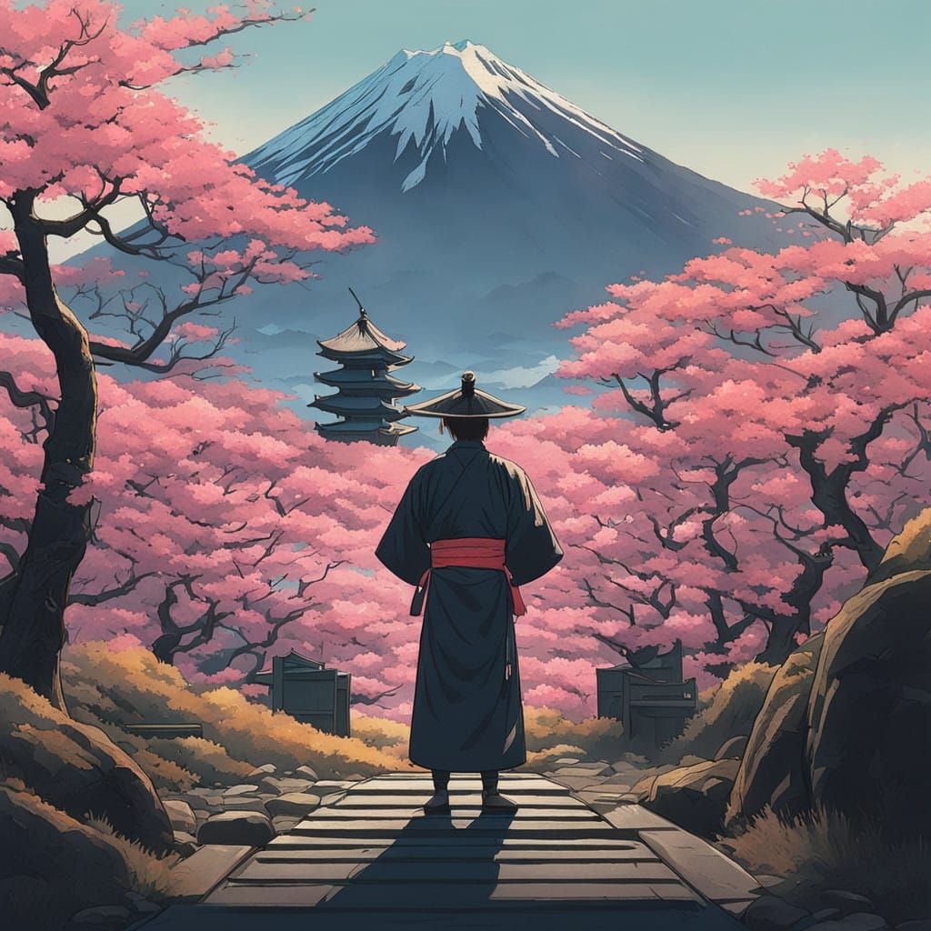 Japanese Kung Fu Master Posed on Mt. Fuji Amidst Cherry Blos...