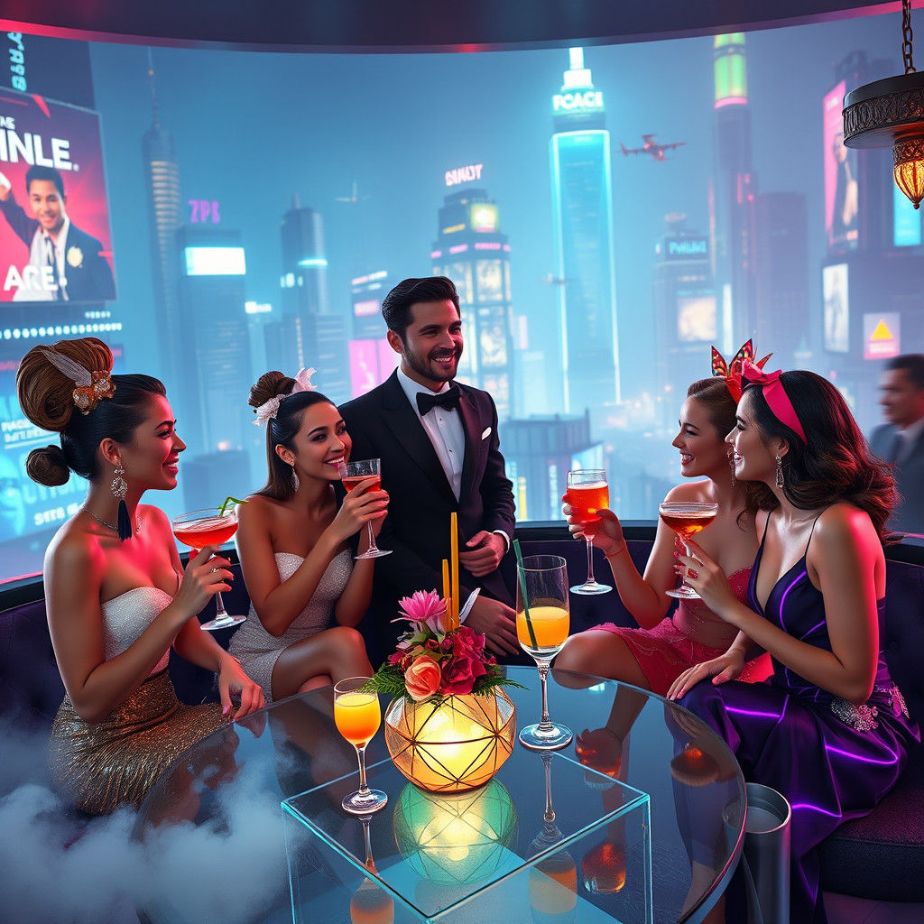 Glamorous Women at Nightclub in Dystopian Cityscape