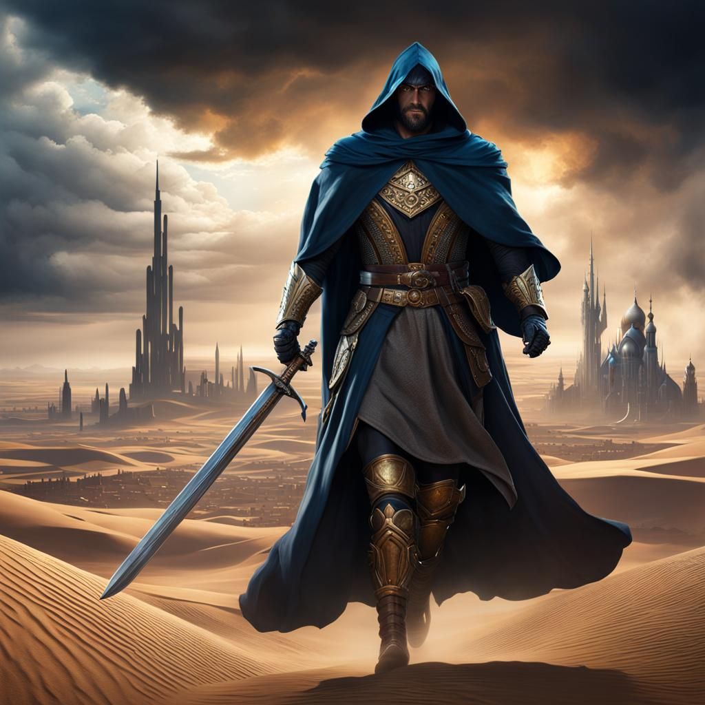 Giant Figure Approaches Desert City: Fantasy Concept Art