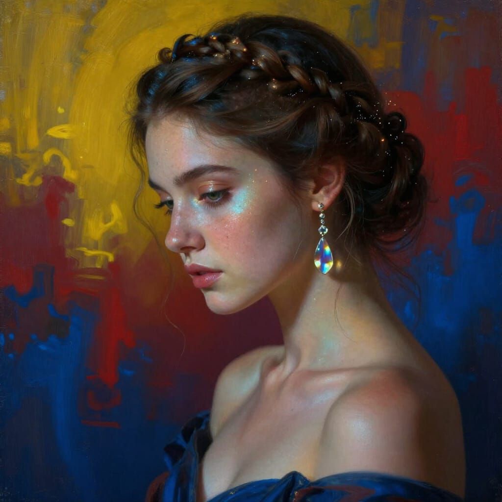 Woman in Elegant Gown with Cosmic Crown