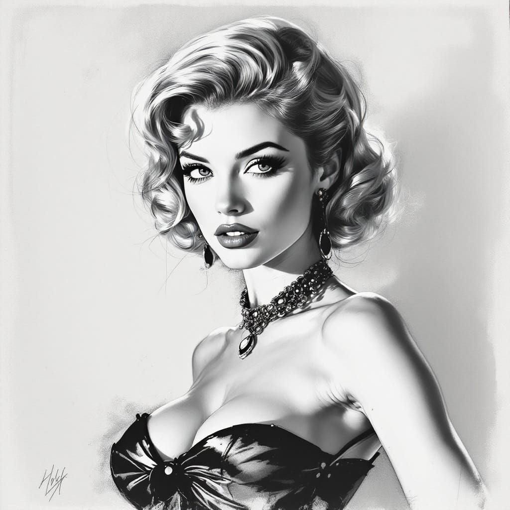 1950s Pin-Up Elegance in Charcoal Sketch Style