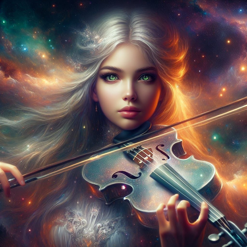 Ethereal Girl Plays Violin in Galactic Scene