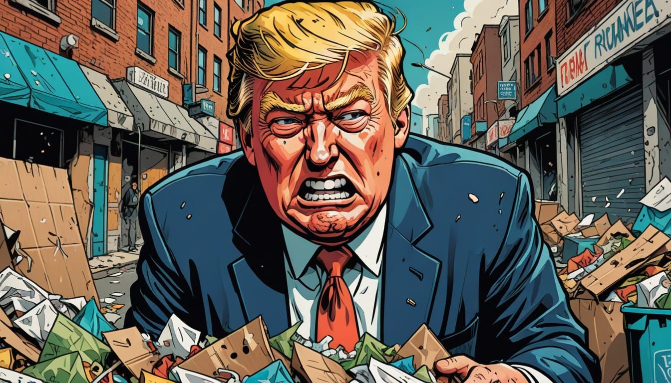 Cartoon Trump Crying and Eating Garbage in Comic Style