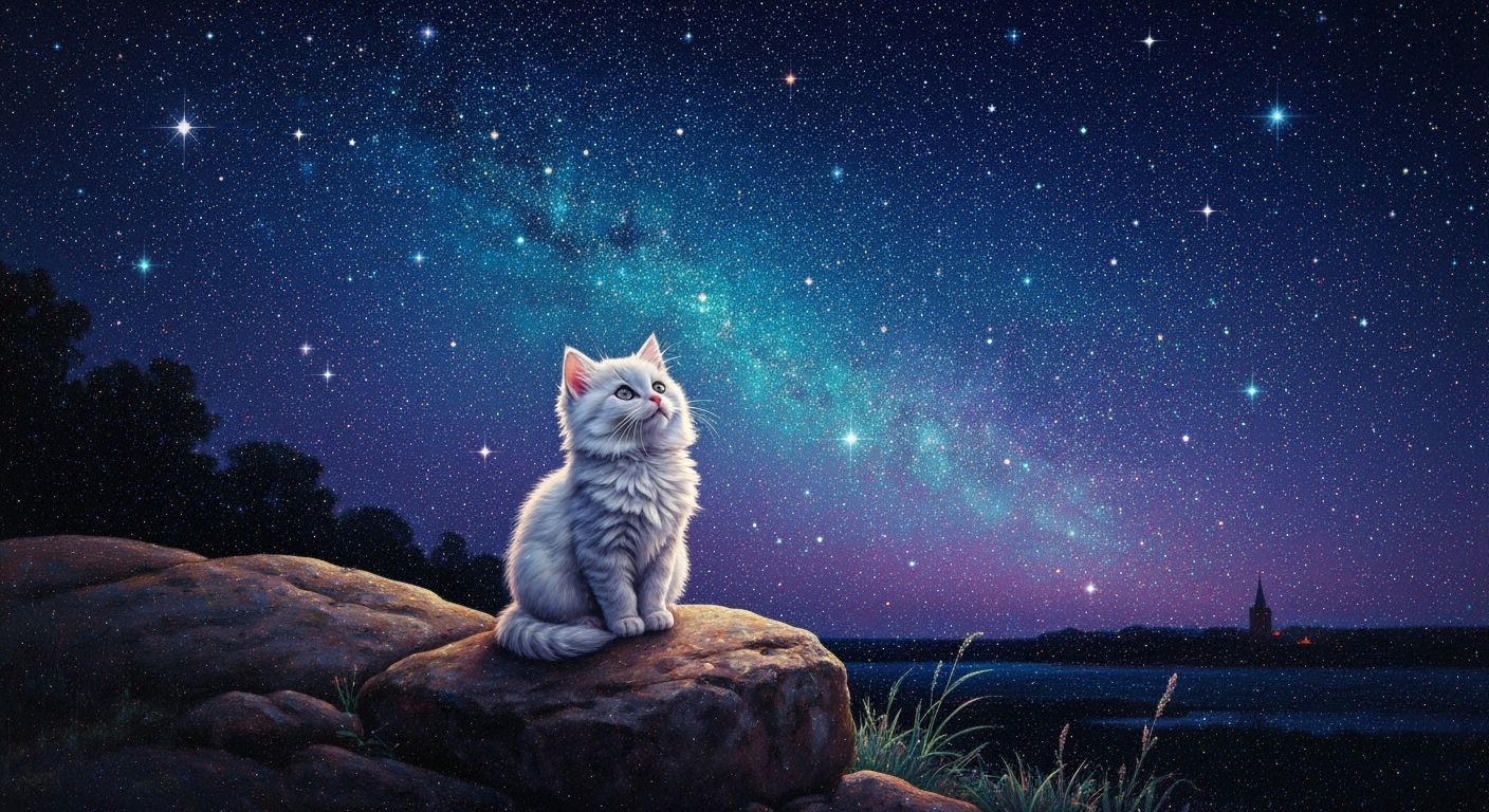 White Cat Gazing at Starry Night Sky
