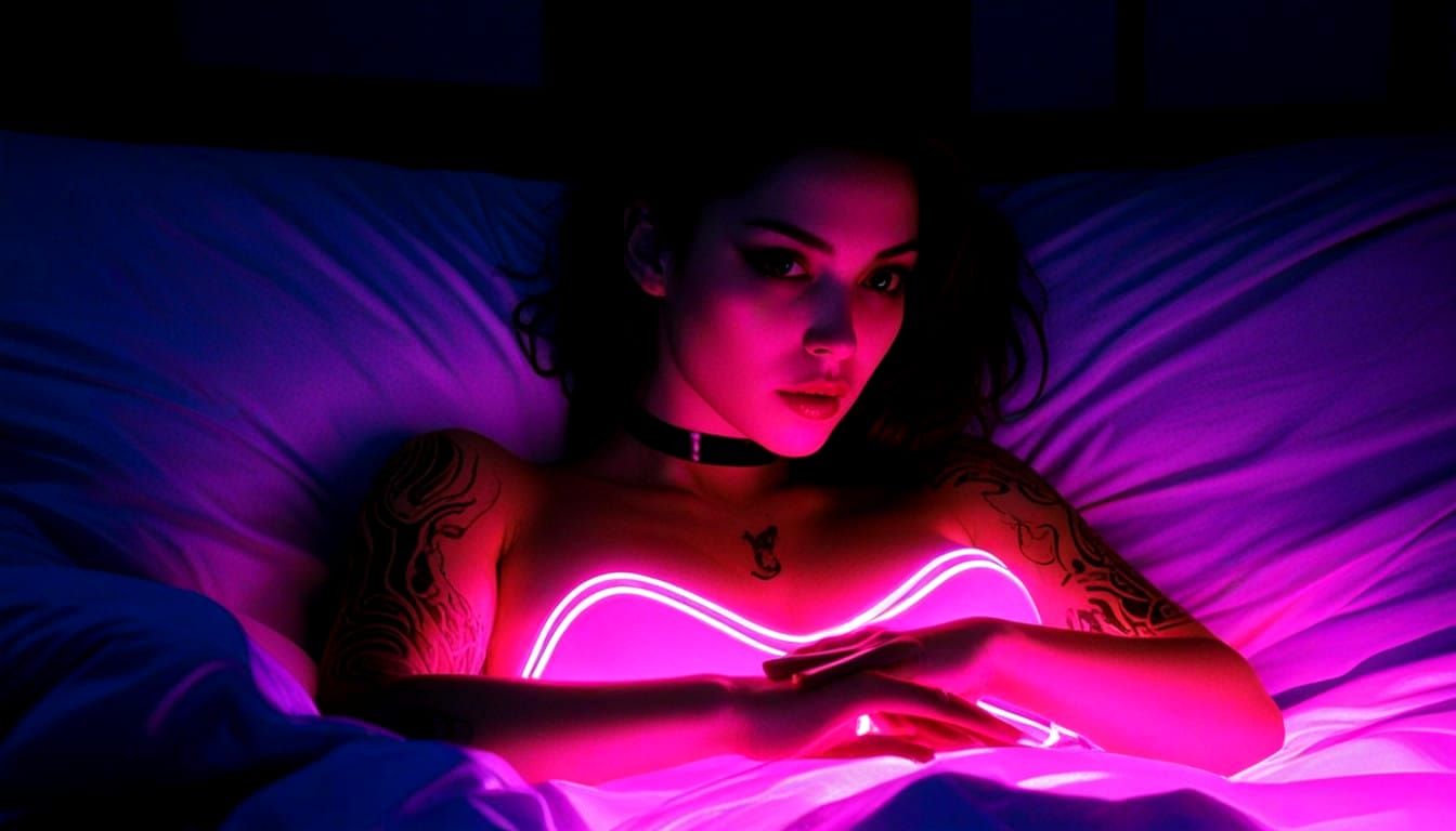 Neon Cyberpunk Woman in Dimly Lit Bedroom