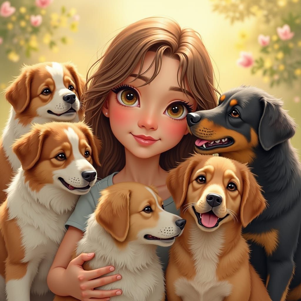 Nina Surrounded by Playful Dogs in Impressionist Style