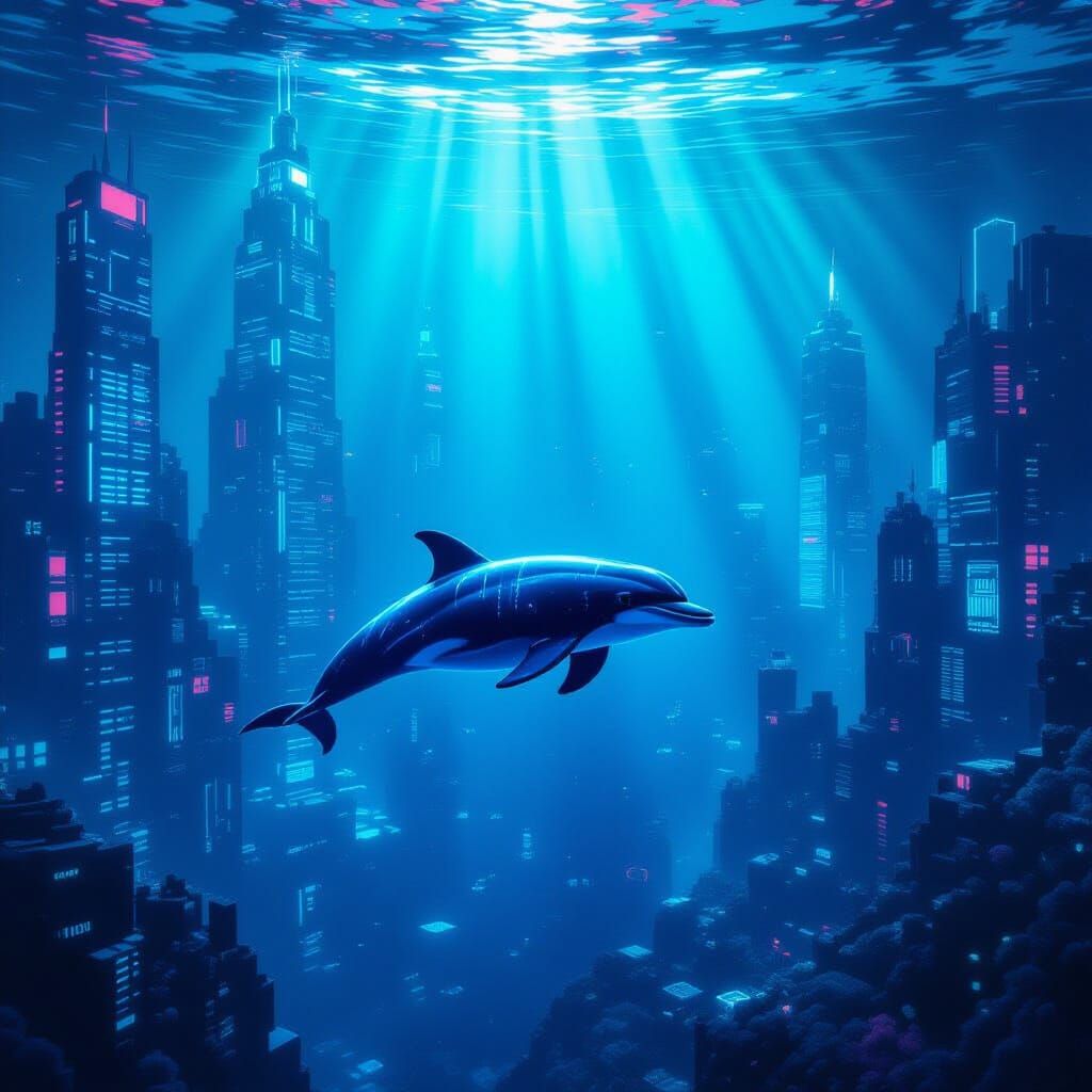 Bioluminescent Dolphin in Surreal Digital Cityscape