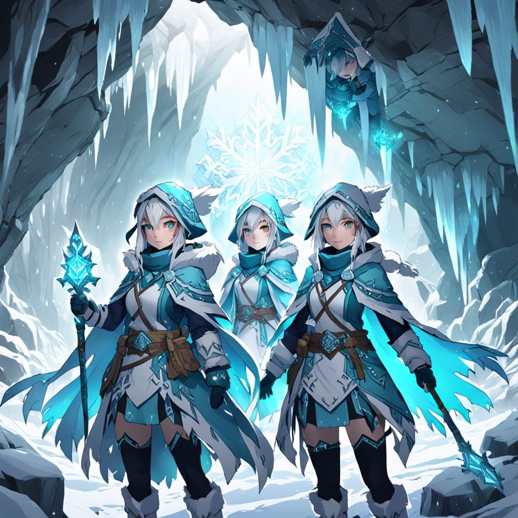 Fantasy Frost Explorers in Blizzard Cave: Anime Art