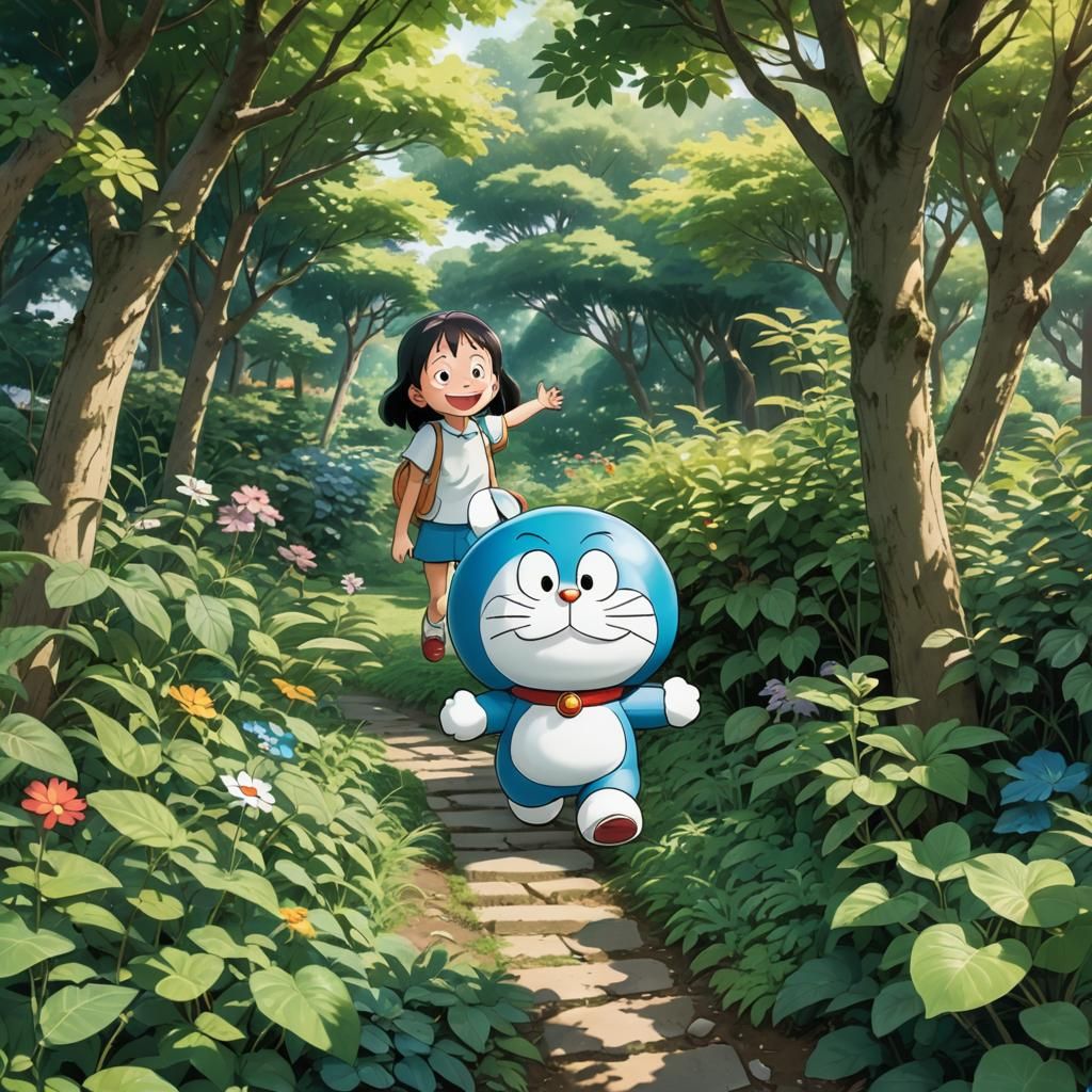 Doraemon and Shizuka Play Hide-and-Seek in Garden