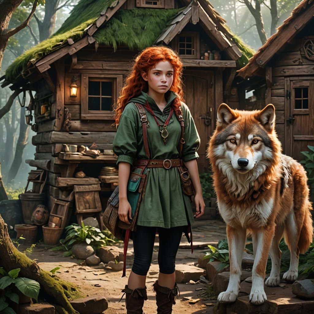 Girl with Wolf in Detailed Matte Painting
