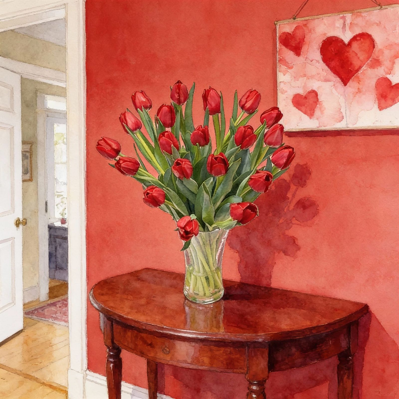 Red Tulips Still Life in Watercolor and Alcohol Ink