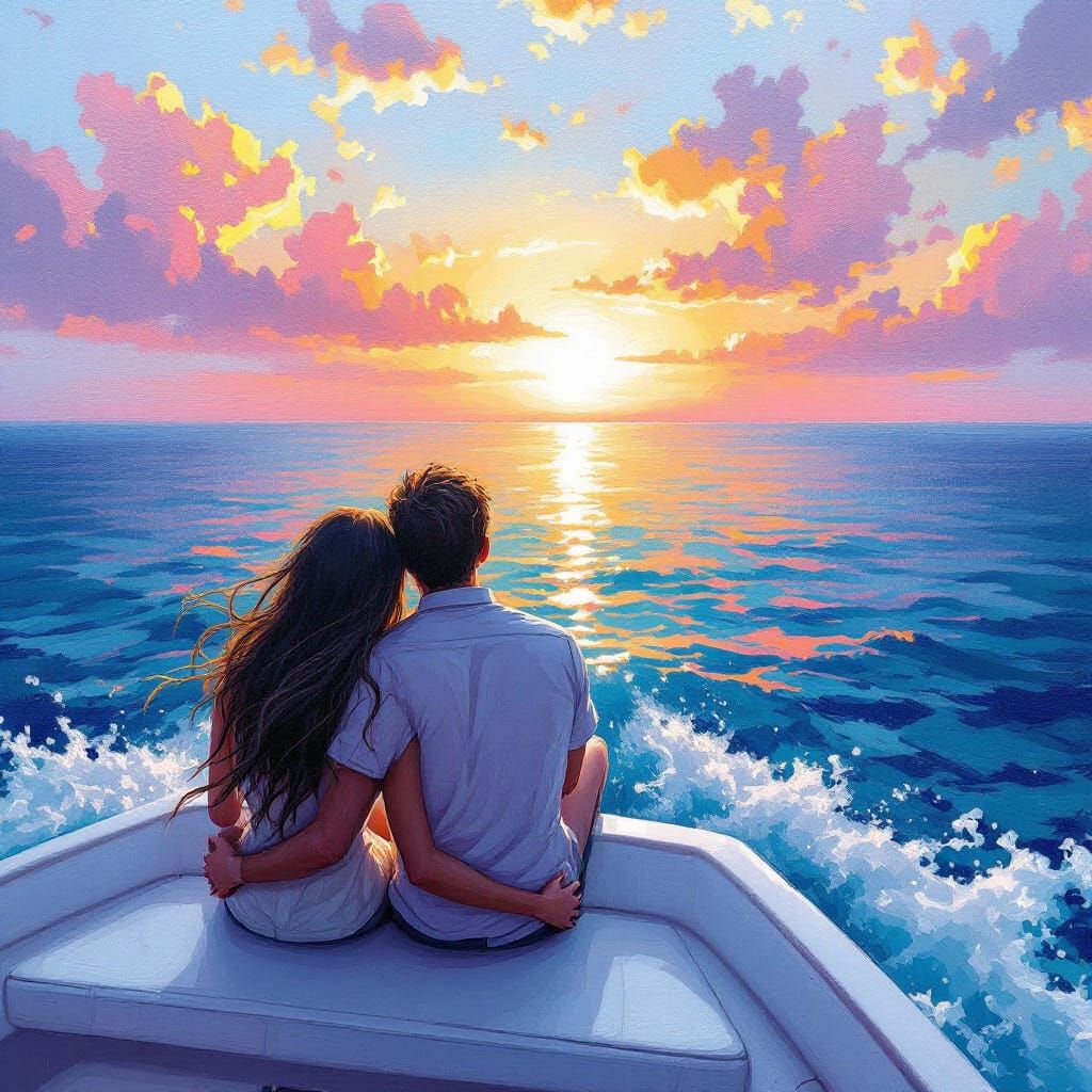 Couple Embraces on Boat at Sunset, Impressionist Style