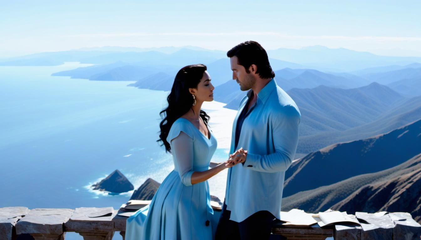 Romantic Mountain Scene with Couple and Musical Notes