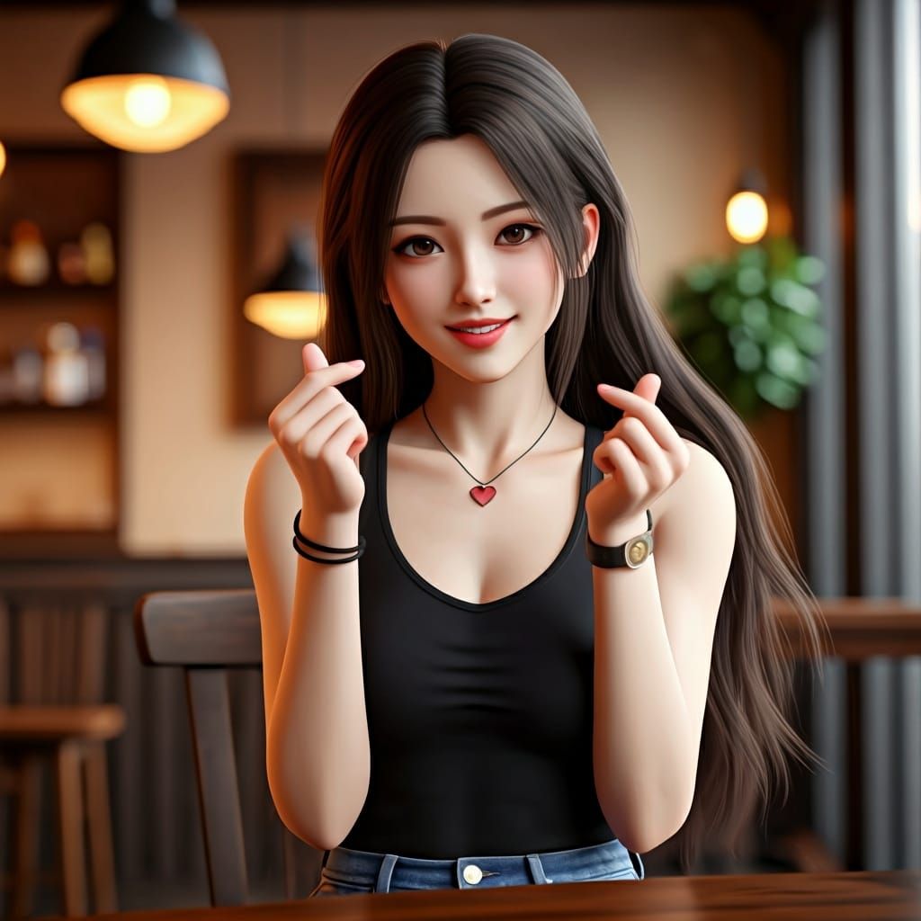 Anime Style Young Woman at Cafe Making Heart Sign