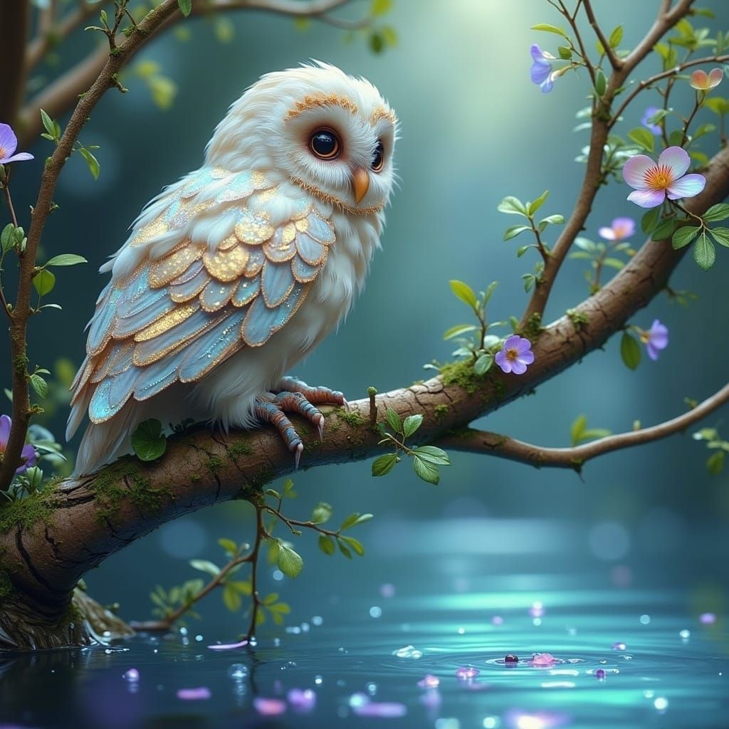 Intricate Owl on Branch in Fantasy Art Nouveau Style