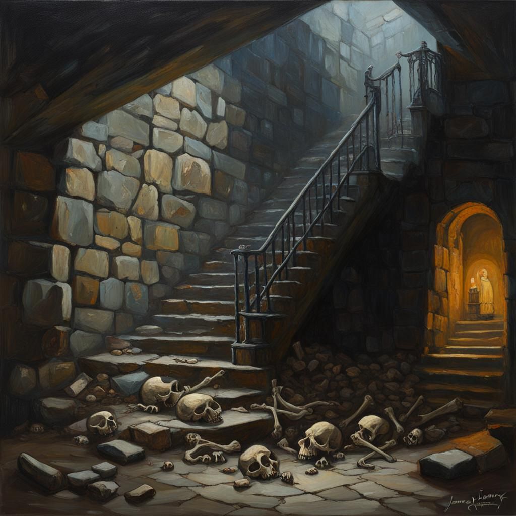 Creepy Stone Stairwell with Bones, Oil Painting