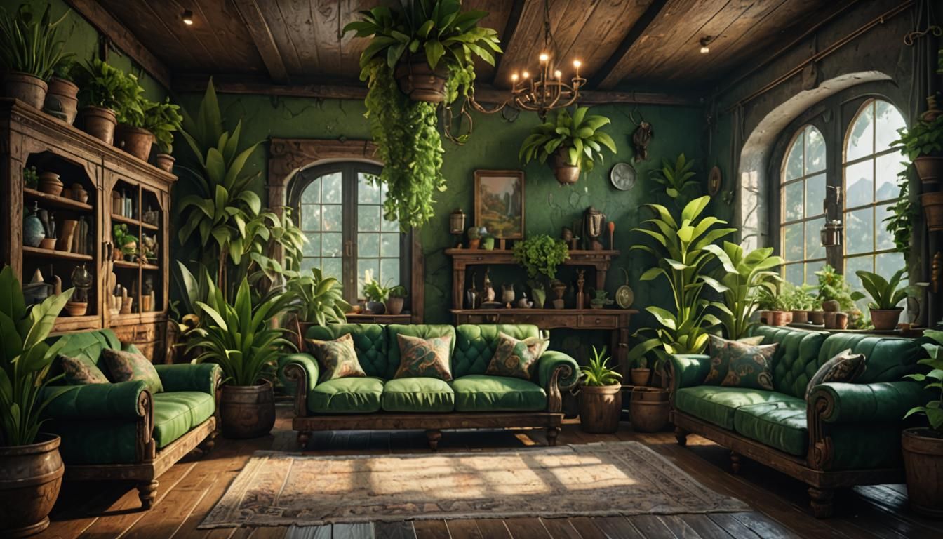 Rustic Green Living Room: Detailed Matte Painting