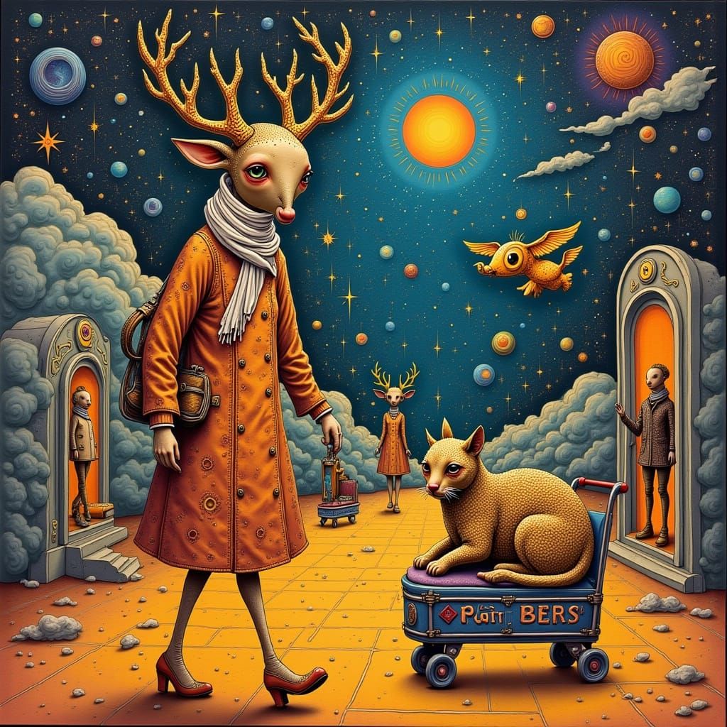 Deer-Headed Woman in Retro-Futuristic Sky Station